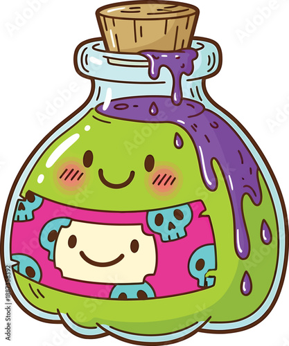Cute Kawaii Potion Bottle with Smiling Face and Skulls, Cartoon Style