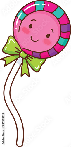 Cute Kawaii Lollipop with Green Bow, Happy Face, Vector Art