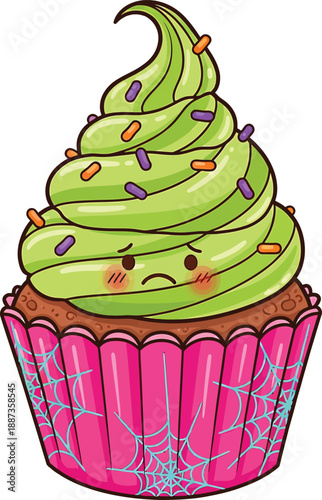 Cute Sad Kawaii Halloween Cupcake with Green Icing and Pink Wrapper