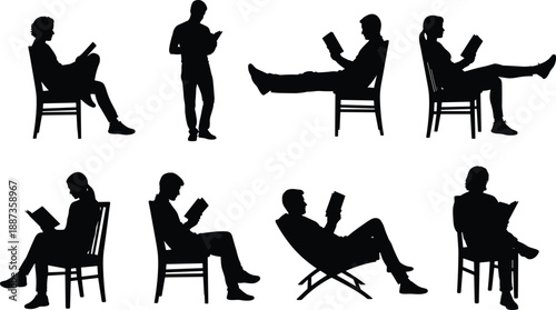 Large collection of diverse people silhouettes sitting in chairs and standing while reading books isolated on white background for library concept
