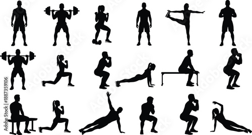 Large collection of male and female fitness silhouettes performing various gym exercises including weightlifting squats and lunges on white background