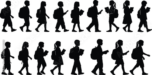 Large collection of school children silhouettes walking with backpacks and books in two rows isolated on a white background for education