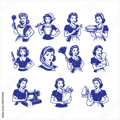 Retro woman clipart design bundle vintage retro housewife vector illustration in black and white only vector 