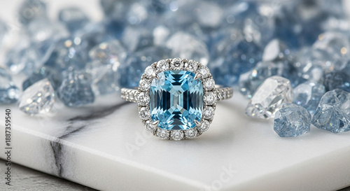 Exquisite Aquamarine Diamond Halo Engagement Ring.