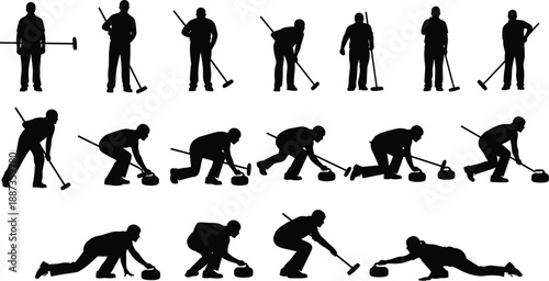 Massive mega bundle of black silhouettes featuring winter curling athletes cougar wildcats emu birds woolly mammoths school children and professional surgical instruments isolated on white