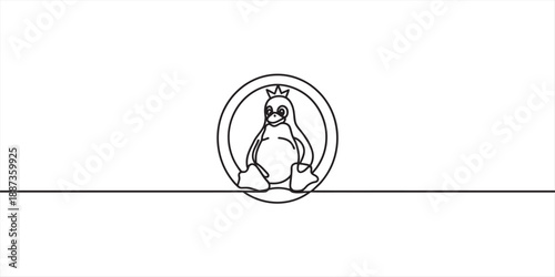 Continuous line drawing of tux, the linux mascot king, inside a circle on a single horizontal line