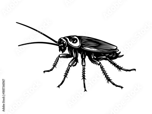 Black cockroach silhouette isolated on white background.  wild insect.