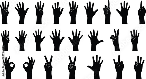 Set of various black human hand gesture silhouettes including counting signs peace symbols and ok signals isolated on a white background