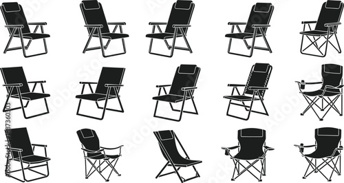 Vector Silhouette Collection of Portable Folding Camping Chairs in Different Styles and Angles for Outdoor Recreation Adventure and Summer Vacation Design