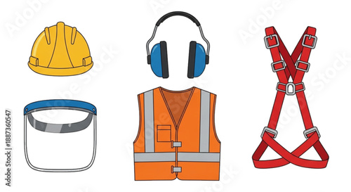 Construction Safety Gear Set: Hard Hat, Ear Defenders, Vest, Face Shield, Harness
