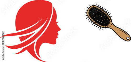 Red Female Hair Silhouette and Wooden Paddle Hairbrush Illustration Vector Set for Hair Care Beauty Salon Design and Hairstyling Services