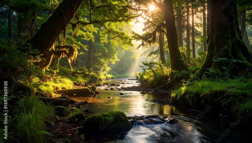 Obraz premium Lush forest scene. Sunlight streams through canopy onto a meandering river with mossy banks, enhancing a serene atmosphere