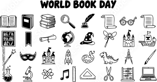 World Book Day Icons Set. Hand-drawn Black  White Line Art Glyphs for Education, Learning, Reading, School, Fantasy, and Childhood Doodle Themes.