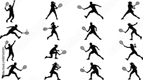 Tennis Player Silhouettes Set Featuring Men and Women Athletes in Action Poses Serving Volleying and Hitting Forehand Stroke Graphics for Design
