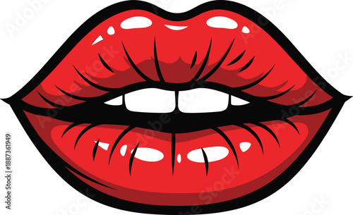 Glossy red lips with white teeth biting pose pop art style beauty makeup fashion sensual vector illustration isolated
