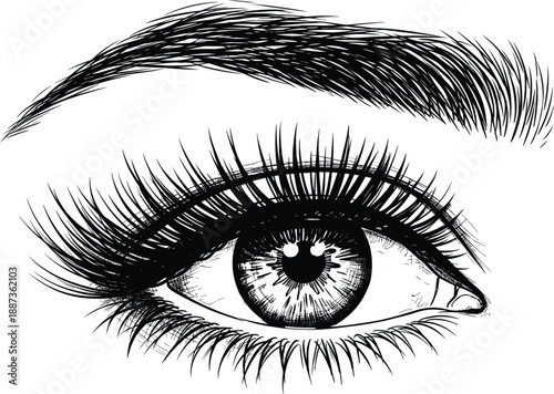 Realistic female eye with eyebrow and long eyelashes detailed beauty makeup sketch isolated black white vector illustration design