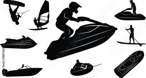 Water Sports Silhouette Set Featuring Jet Ski Riders Wakeboarding Windsurfing Paddleboarding Kayaking Sailing and Motorboat Icons for Summer Vacation Design Graphics