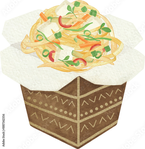 Vegetable Udon with Tofu in Takeaway Box Vector Illustration