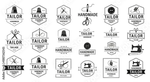 Vintage tailor logos and handmade sewing emblems set.