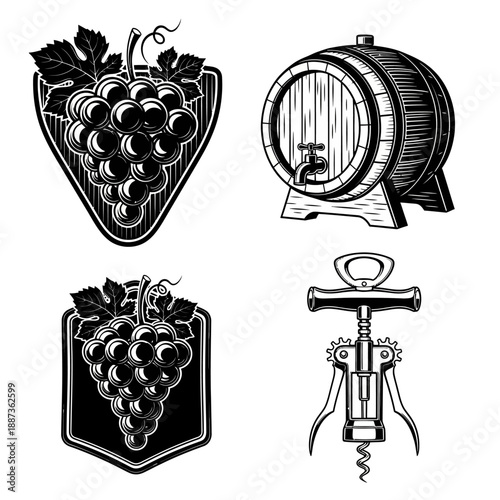 Vintage Wine Elements - Grapes, Barrel, and Corkscrew Illustrations.