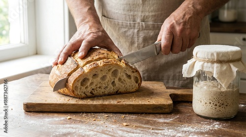 Baker slicing fresh crusty sourdough bread, Hands cutting homemade loaf on wooden board, Artisanal bread baking with sourdough starter, active sourdough in a jar