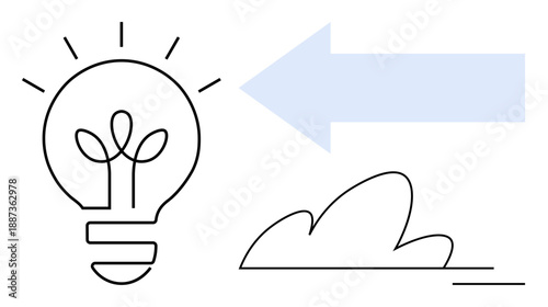 Innovation, sustainability, creativity, environmental awareness, direction, progress. A lightbulb with a plant, arrow pointing. Innovation and sustainability concept