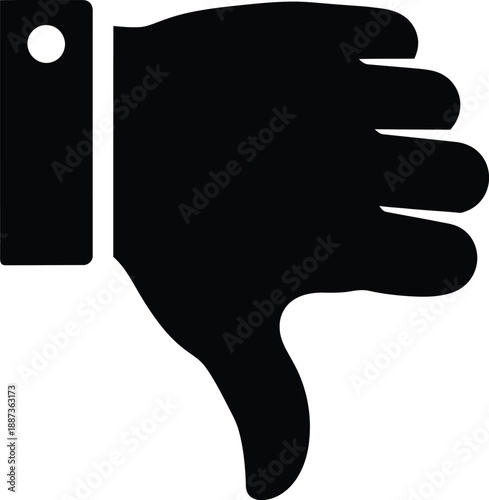 A black thumbs down icon with a tag, symbolizing disapproval or dislike, in a simple graphic representation