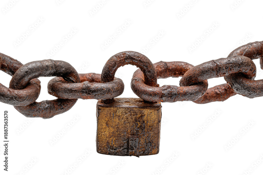 Obraz premium Close-up of a rusty metal chain securing a weathered padlock against a black background