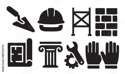 Black construction and building icons on white background trowel brick wall