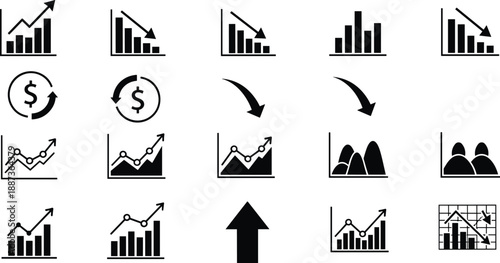 Business analytics icon set showing growth decline charts, financial arrows, statistics graphs, market trends, data analysis symbols collection