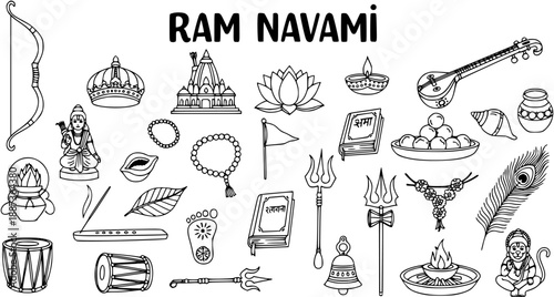 Ram Navami Hindu Festival Line Art Icons Set. Hand-drawn Doodle Collection of Religious Symbols for Indian Spirituality and Cultural Celebrations.