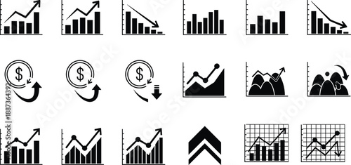 Business analytics icon set with growth decline charts, financial arrows, money flow symbols, market trends, data visualization graphics collection