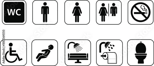 Public restroom icon set for toilet bathroom signage, WC symbols, accessibility shower facilities, hygiene amenities, vector pictograms, modern clean universal