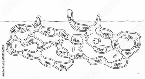 Ants crawling in complex network of interconnected tunnels and chambers underground viewed from above in a detailed illustration