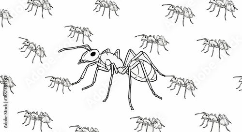 Ants marching in unison, a lone ant leads the way in a simple black and white illustration