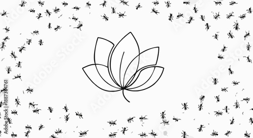 Ants surrounding a simple lotus flower illustration in a minimalist design