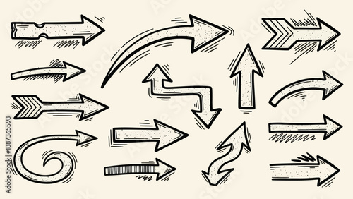 Collection of Hand Drawn Arrow Icons in Sketch Style.