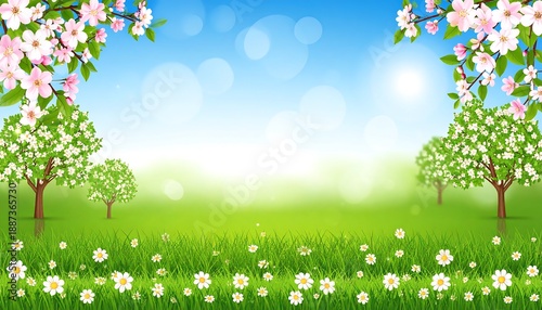 Lush green meadow with blossoming trees and flowers under a bright blue sky, sunny landscape illustration