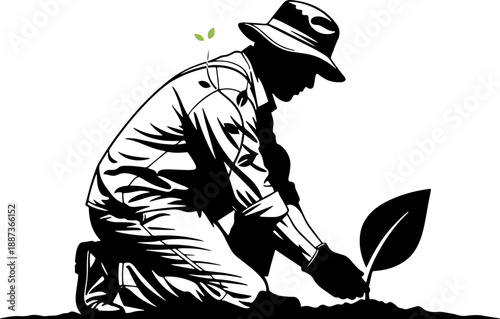 Farmer Planting Seedling in Soil Silhouette.