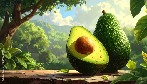 Lush illustration of two avocados on a wooden surface, one halved. Verdant foliage and a bright sky create a vibrant scene