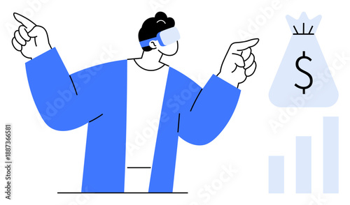 Man wearing augmented reality glasses pointing at a money bag with a dollar sign and a bar graph. Ideal for finance, technology, AR concepts, digital investments, economic growth, fintech