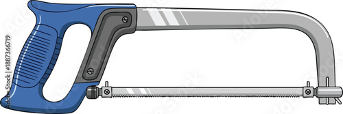 Professional blue and gray hacksaw tool illustration for metalworking and cutting tasks, featuring a sturdy handle design.