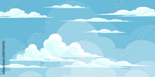 Illustration of a blue sky with white clouds in a flat style. Blue sky background and white clouds. Cartoon sky