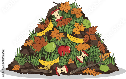 Vibrant illustration of a rich compost pile featuring organic kitchen and garden waste, including leaves, grass, and fruit scraps, for sustainable living.
