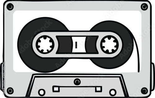 Retro audio cassette tape with dark reels and textured tape, featuring a hand-drawn cartoon style on a bright white background.