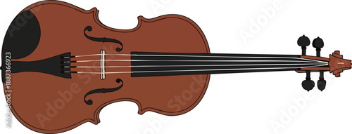 A traditional brown wooden violin, a stringed musical instrument, with four black tuning pegs on a simple white background, ideal for music-related themes.