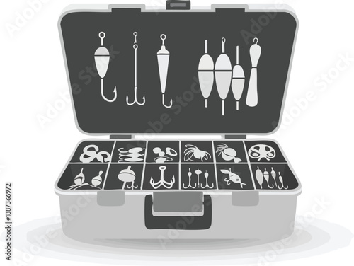 Top-down view of an open tackle box filled with various fishing equipment, including lures, hooks, and floats, ready for angling adventures