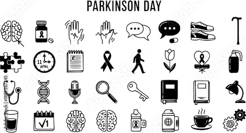 Parkinson's Disease Awareness Medical Healthcare Black  White Line Art Icons Set with Symptoms, Support, and Research Symbols for Parkinson's Day