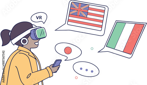 Immersive Learning: A digitally-drawn depiction of a person immersed in virtual reality (VR), utilizing a headset while interacting with a mobile device and language-based speech bubbles.
