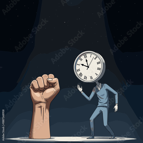 Clock Head Man Confronting Raised Fist at Night